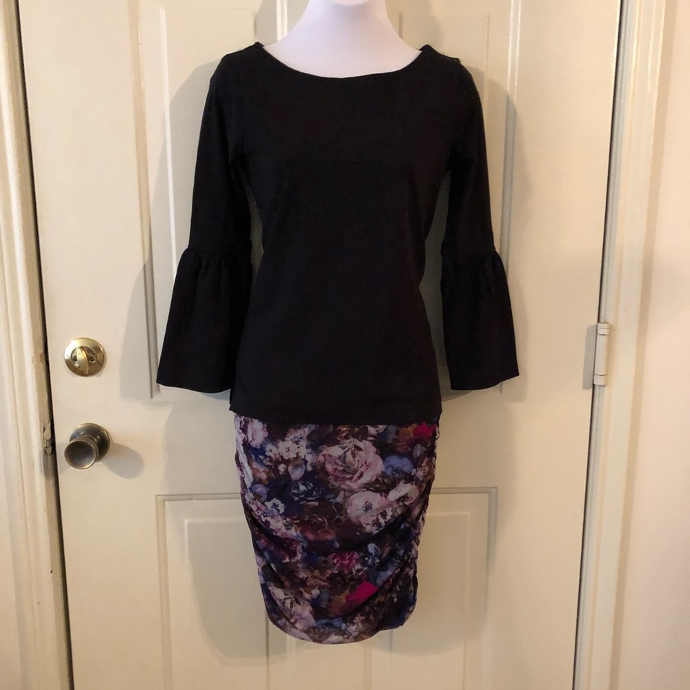 Outfit J Crew top and Cache skirt